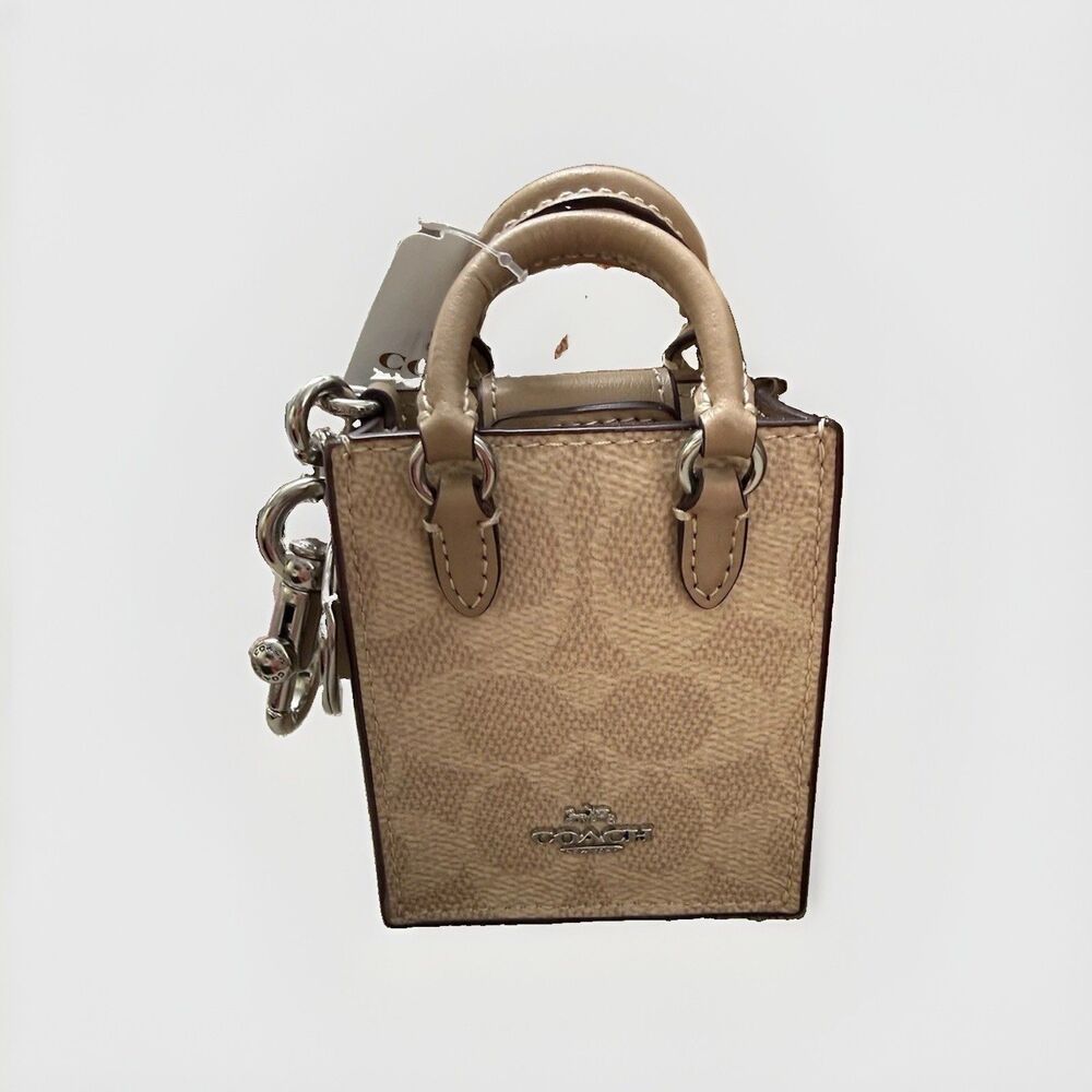 Coach Mini Tote Bag Charm Keychain Signature Canvas Leather CX069 Taupe Sand NWT